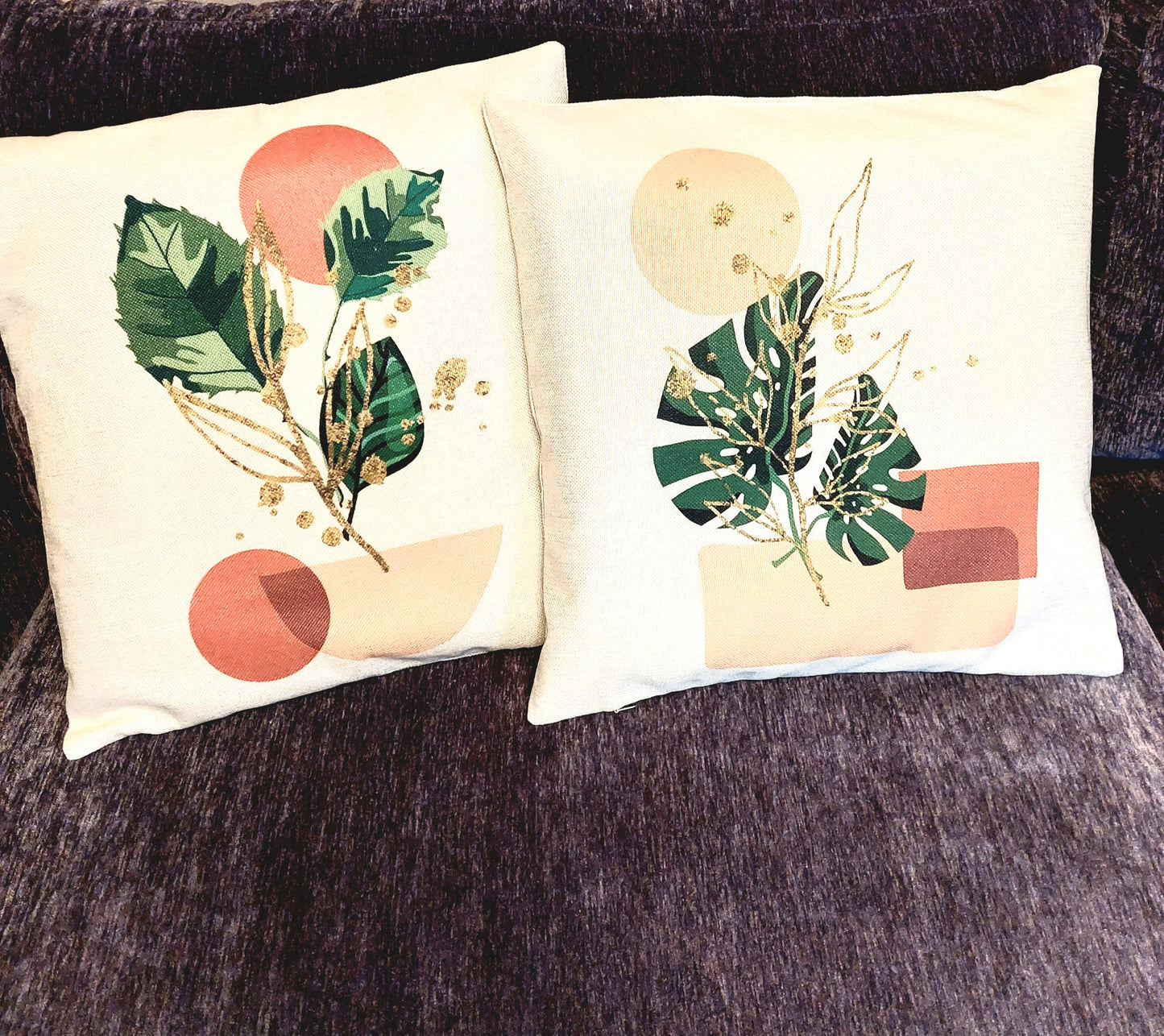 Modern Pillow Covers "Leaves & Gold", set of 2